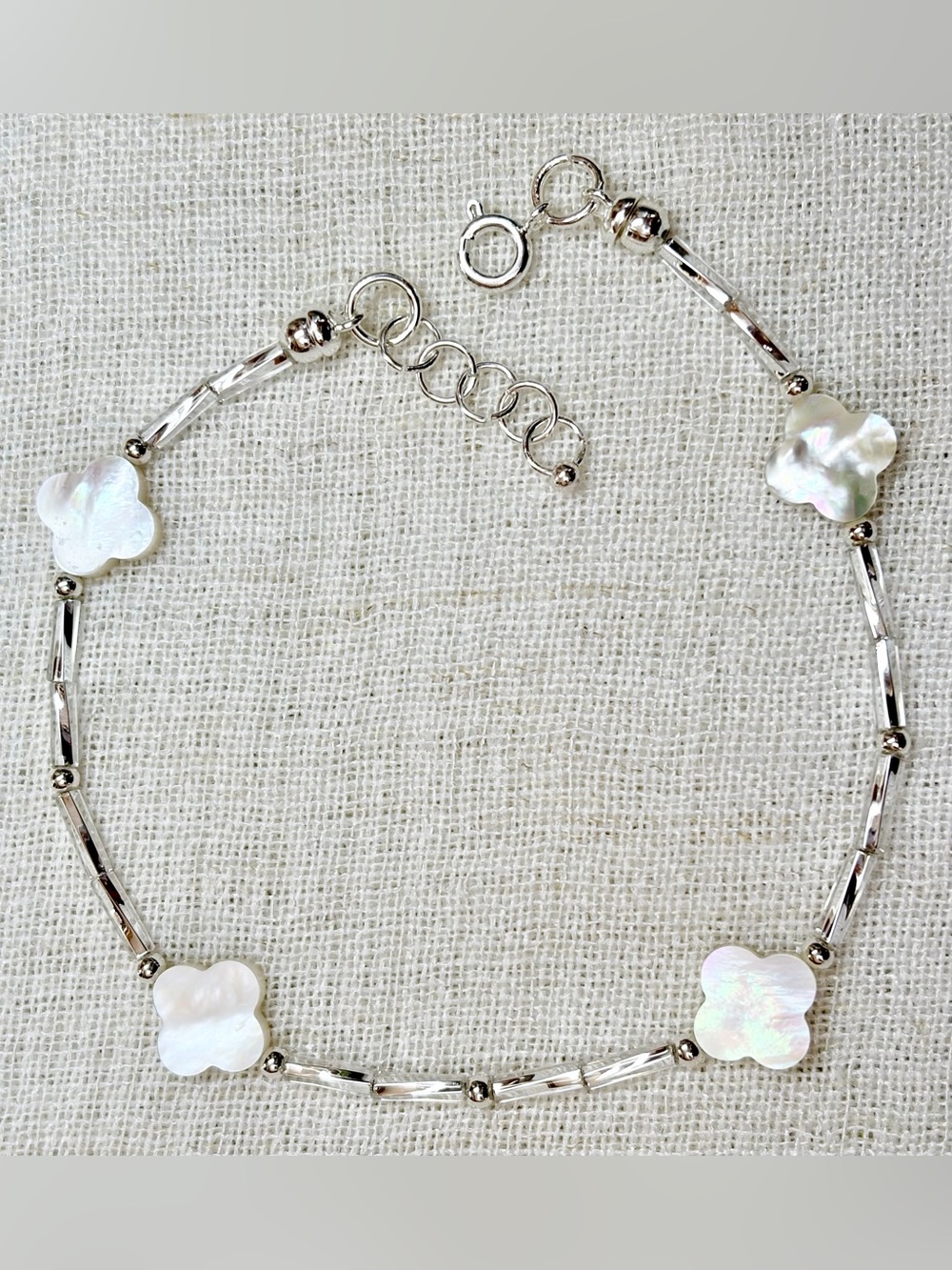 Mother-of-pearl clover link bracelet, czech glass bugle beads,silver beads.6.75"